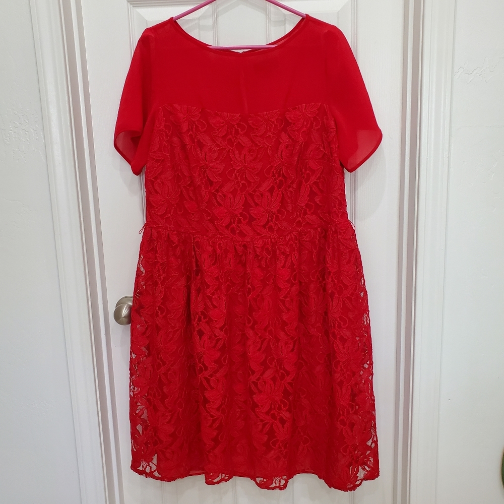 Dress Barn Collecrion Size 16 Red Lace Short Sleeve Fit and Flare Dress